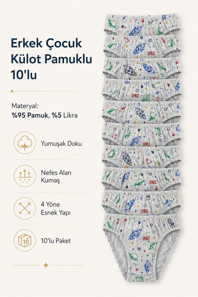 Tom John Erkek Çocuk Külot Pamuklu Likralı Garson 10 Lu Paket