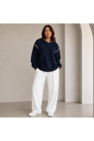 herkesemoda 2-Thread Raised Sweatshirt with Hood and Collar and Sleeve Trim S...