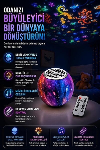 Coverzone Deniz ve Okyanus Temalı ENT Projektör Gece Lambası, Müzikli Hoparlö...