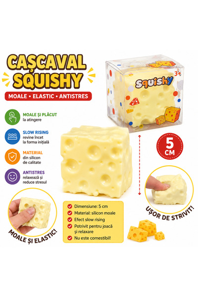 SHOP LIKE A PRO Cașcaval Squishy, 5 cm, Jucărie Antistres din Silicon Moale, ...