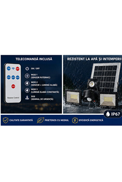 OEM Proiector solar LED dublu, senzor mișcare, telecomandă - Set 1 buc