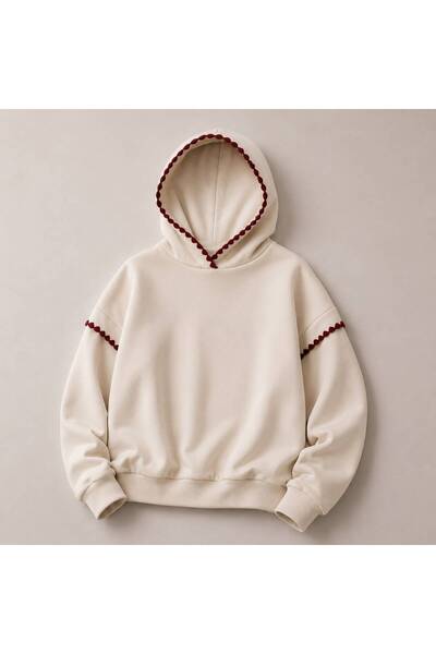 herkesemoda 2-Thread Raised Sweatshirt with Hood and Collar and Sleeve Trim Stitching Detail