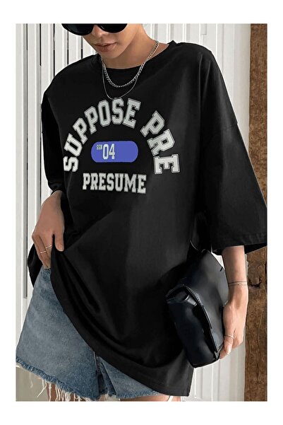 Flubutik Black Supposed Printed Oversize Cotton T-Shirt
