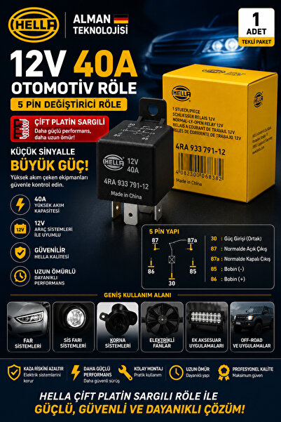Hella 12V 40A 5 Pin Güç Rölesi 4RA 933 791-12 Orijinal Kalite Far Sis Korna F...
