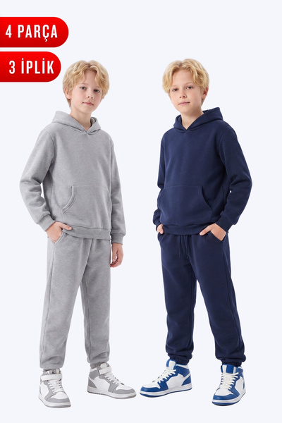 FYK KİDS 2-Piece Plain 3-Thread Winter Kangaroo Pocket Hooded Boys' Tracksuit...