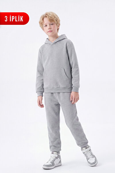 FYK KİDS 3 Thread Flat Winter Kangaroo Pocket Hooded Boys' Tracksuit Set
