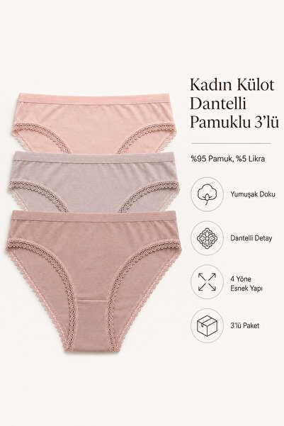 Nicoletta Kadın Külot 3 Lü Paket Likralı Dantelli Pamuklu Likrali