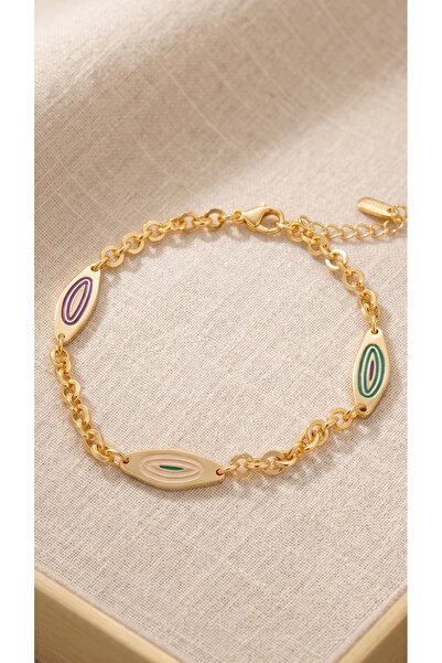 Lune Design Colorful Enamel Geometric Oval Detailed Gold Women's Steel Bracelet