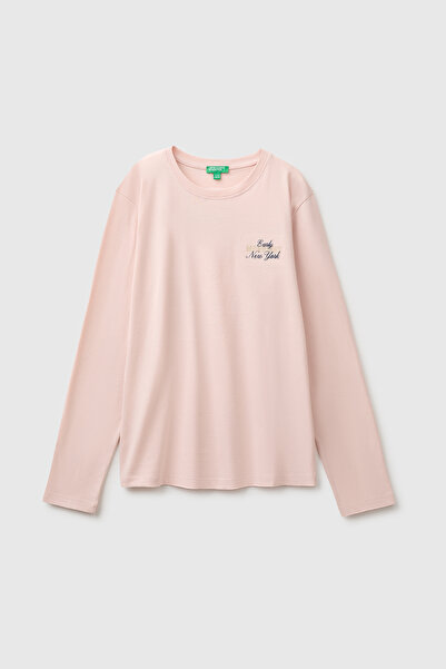United Colors of Benetton Girl's Powder-Colored Long Sleeve T-Shirt with Embr...