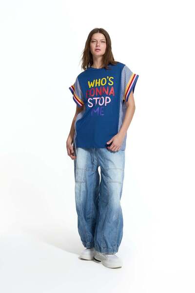 #vdr viadellerose Blue Front Slogan Printed Contrast Detailed Vdr Oversize T-...