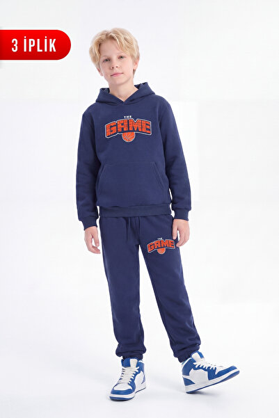 FYK KİDS 3 Thread Printed Winter Kangaroo Pocket Hooded Boys' Tracksuit Set