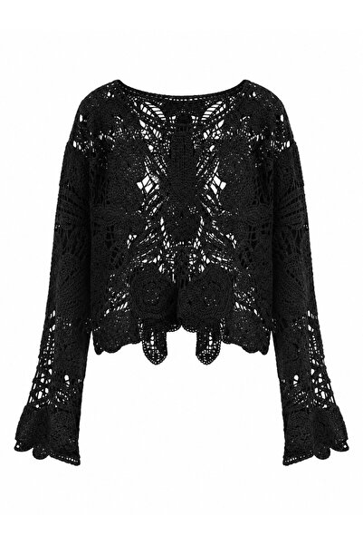 Retrobird Pulover Colette cu motiv floral ajurat, croșetat, pentru femei, negru