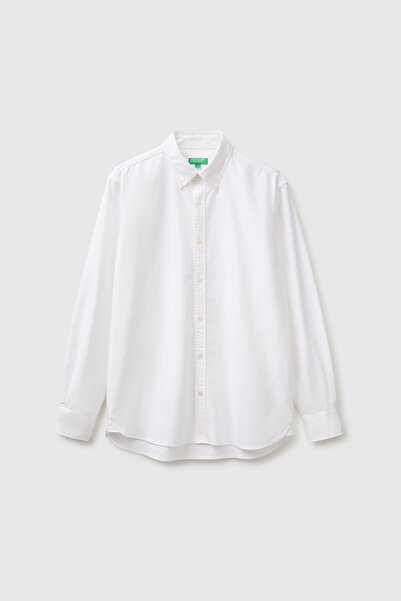 United Colors of Benetton قميص رجالي أبيض 100% قطن بقصة عادية وأزرار