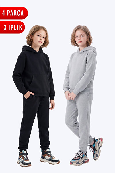 FYK KİDS 2-Piece Plain 3-Thread Winter Kangaroo Pocket Hooded Girls' Tracksui...