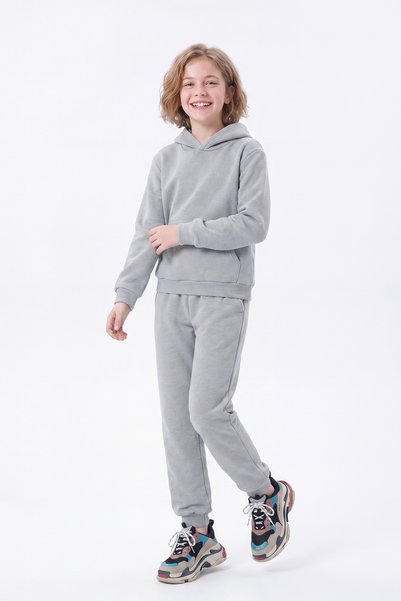 FYK COLLECTİON 2-Piece Plain 3-Thread Winter Kangaroo Pocket Hooded Girls' Tracksuit Set