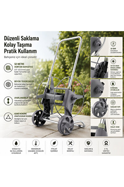 Altınkayaticaret Tekerlekli Hortum Makarası 50 Metre Kapasiteli 1/2" 12,5 mm ...