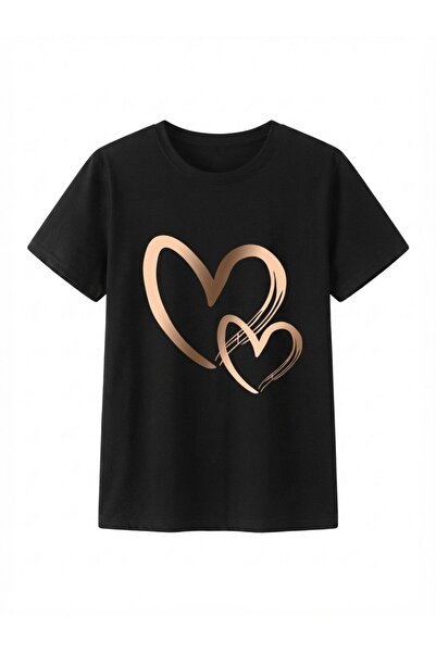Flubutik Black Double Goldheart Printed Oversize Cotton T-Shirt
