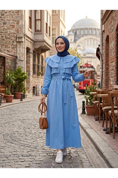SERÇE COLLECTİON Volan Yaka Düğmeli Beli Lastikli Kuşaklı Elbise Bebe Mavisi