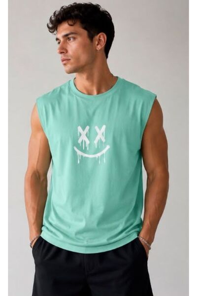 ALCİNOUS Printed Men's Cotton Crew Neck Training Athlete Tank Top Oversize Sl...