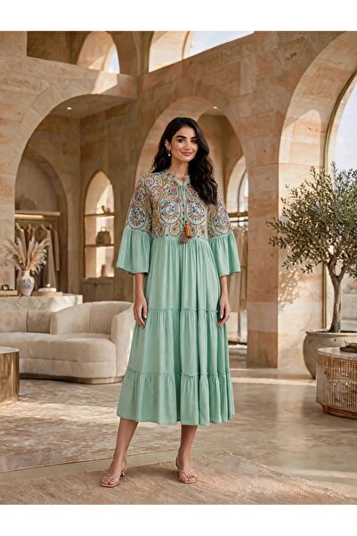 IKKXA Tiered Boho Embroidered Midi Dress Jalabiya