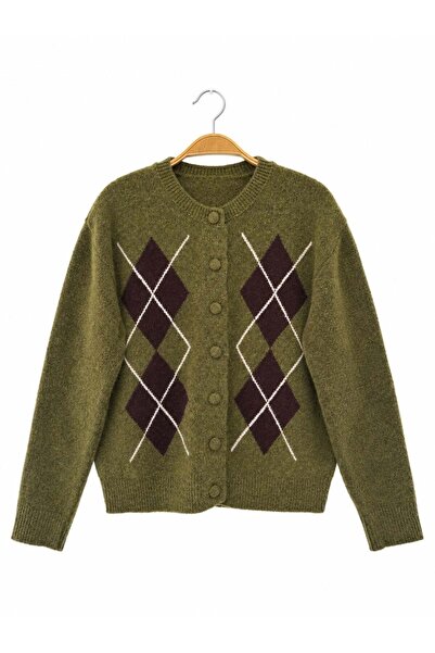 Retrobird Sally Baklava Patterned Buttoned Knitwear Cardigan Women's Khaki
