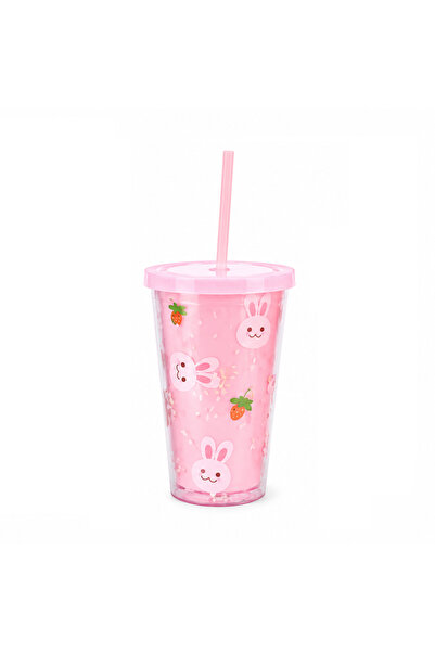 wei inox Straw cup, bunny pattern, plastic, pink, 450 ml