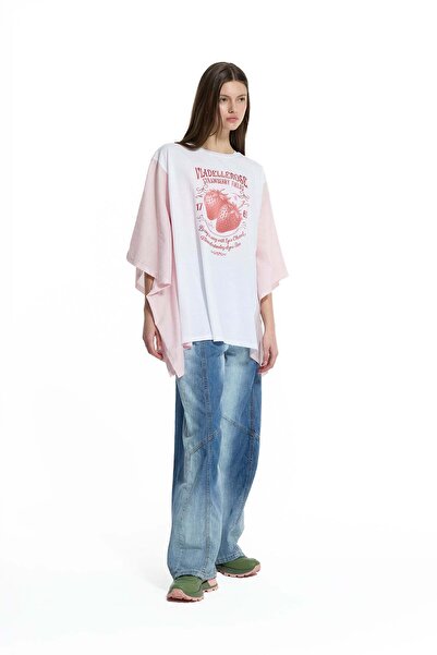 #vdr viadellerose Beyaz Pembe Önü Baskılı Geniş Kesim Yarasa Kol T-Shirt 19022
