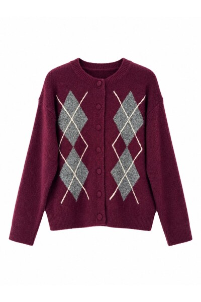 Retrobird Sally Baklava Patterned Buttoned Knitwear Cardigan Women's Burgundy