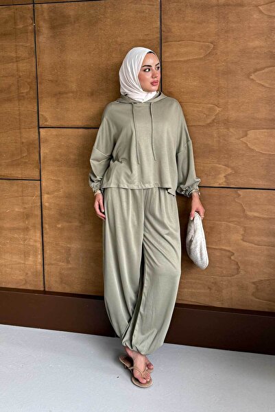 LOCCO Women's Hooded Two-Piece Set with Elastic Waist and Cuffs, Green