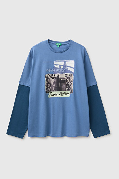 United Colors of Benetton تي شيرت للأولاد بأكمام طويلة وطباعة أمامية باللون ا...