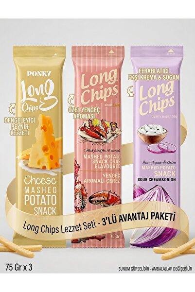 Long CHİPS PEYNİR, SOĞAN & EKŞİ KREMA VE YENGEÇ AROMALI 3'LÜ PAKET 3 X 75 GR