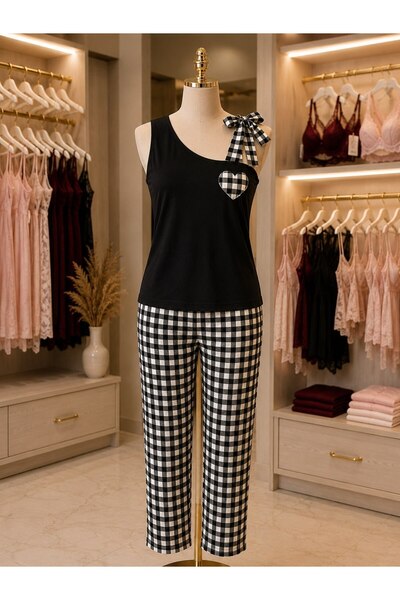 Generic Brand Blue Gingham Patterned Double Pajama Set with Bow and Heart Poc...