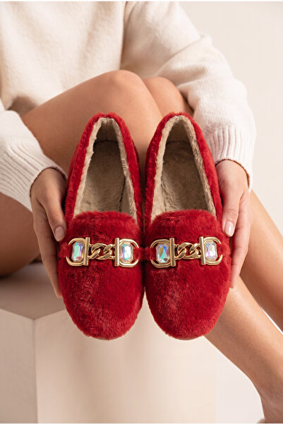 StWenn Women's Plush House Slippers with Gold Chain and Stone Accessories, Wi...