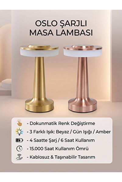 Genel Markalar Oslo Dokunmatik Şarjlı Masa Lambası 3 Kademeli Işık (Beyaz / G...
