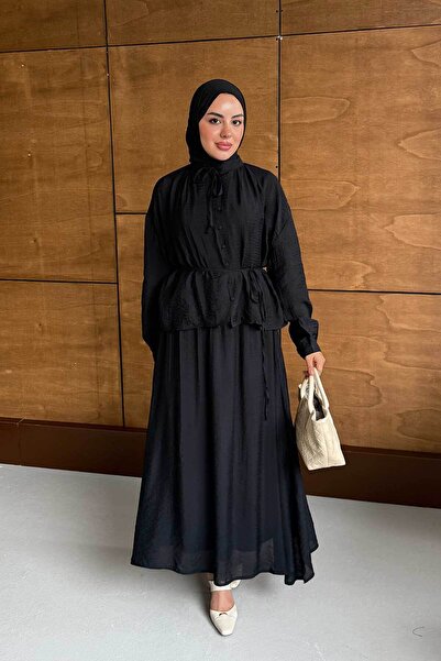 LOCCO Women's Shepherd Button Lace-Up Detail Skirt Suit Black
