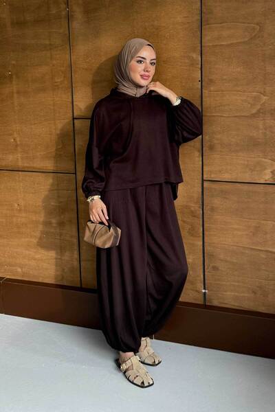 LOCCO Women's Hooded Two-Piece Set with Elastic Waist and Cuffs, Brown