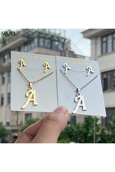 Choice20 B Necklace Earring Set Gold Color Stainless Steel A-Z Alphabet Initi...