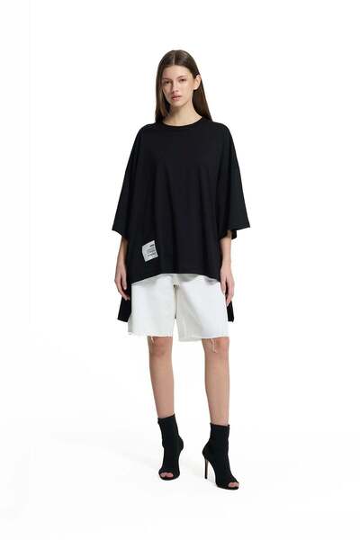#vdr viadellerose Siyah Asimetrik Oversize Basic T-Shirt 19107