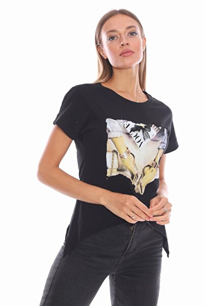 Alışveriş Sokağı Magazine Heel Print Casual Black Women's T-Shirt