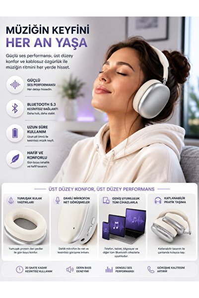 Happy Owl Kablosuz Bluetooth Kafa Üstü Kulaklık – Mikrofonlu, Şarjlı, Katlanabilir, Yumuşak Pedli, Güçlü Bass, Telefon Bilgisayar Uyumlu