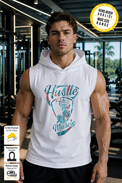 BESSA White Hustle Muscle Printed Standard Fit Hooded Sports Athlete Tank Top...