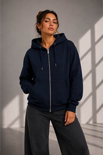 bb butik basic Women's Oversize Zippered Hooded Three-Thread Sweatshirt Cardi...