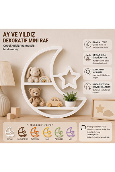 Ay ve Yıldız Şeklinde Çocuk Odası Dekoratif Mini Raf - 23 cm