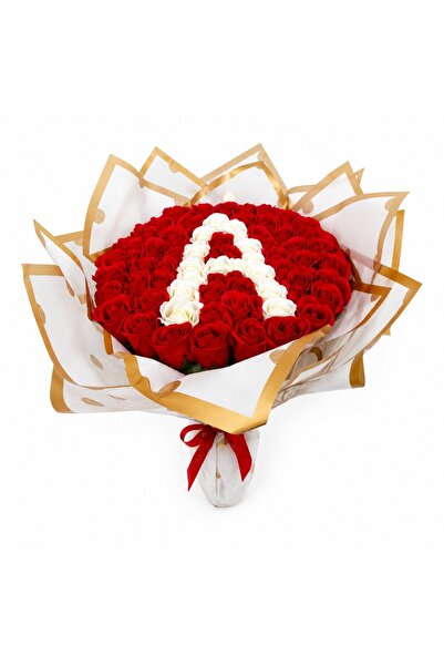 velve Buchet floral personalizat cu litera, din 65 trandafiri de sapun, Rosu-...