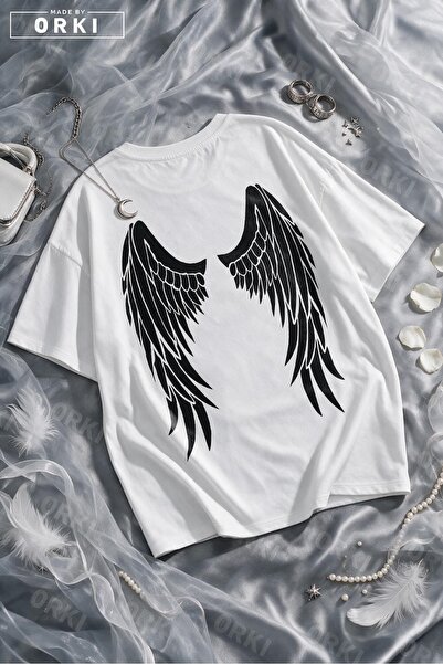EFFRENATU Gothic Angel Wings Back Printed White Unisex Oversize T-Shirt