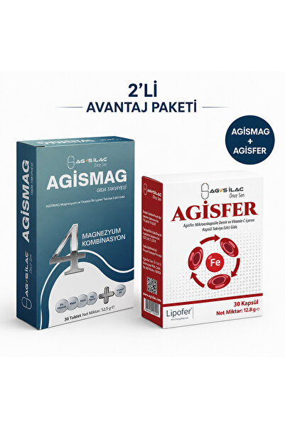 AGİSMAG 4 Magnezyum + Vitamin B6 30 Tablet & Mikroenkapsüle Demir + Vitamin C 30 Kapsül 2’li Avantaj Paketi