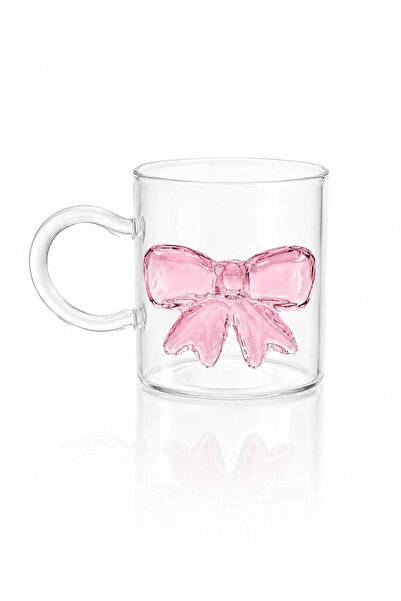 ARVALE Lunessa Pink Bow Glass Mug – Transparent Tea and Coffee Cup with Handle