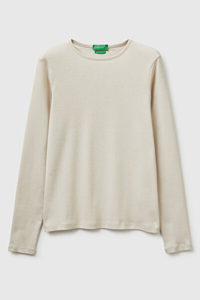 United Colors of Benetton Women's Stone 100% Cotton Slim Fit Ribbed Long Slee...
