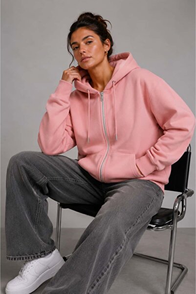 bb butik basic Women's Oversize Zippered Hooded Three-Thread Sweatshirt Cardi...