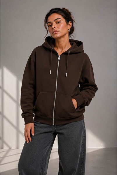 bb butik basic Women's Oversize Zippered Hooded Three-Thread Sweatshirt Cardi...